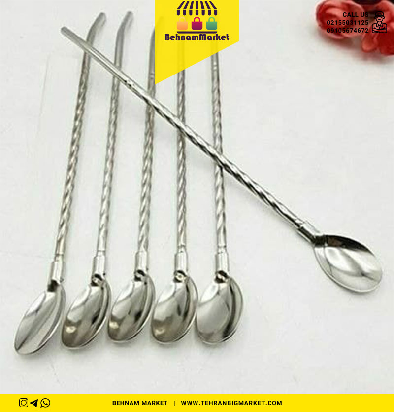 نی شربت پیچ دار استیل قاشق دار