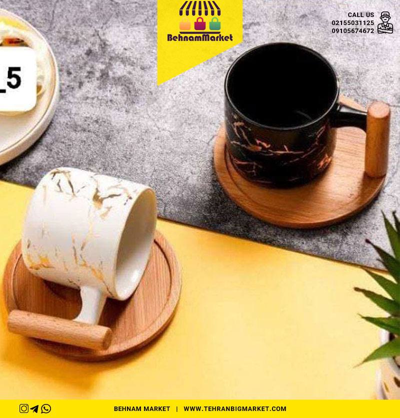 ماگ ماربل دسته چوبی زیره چوبی