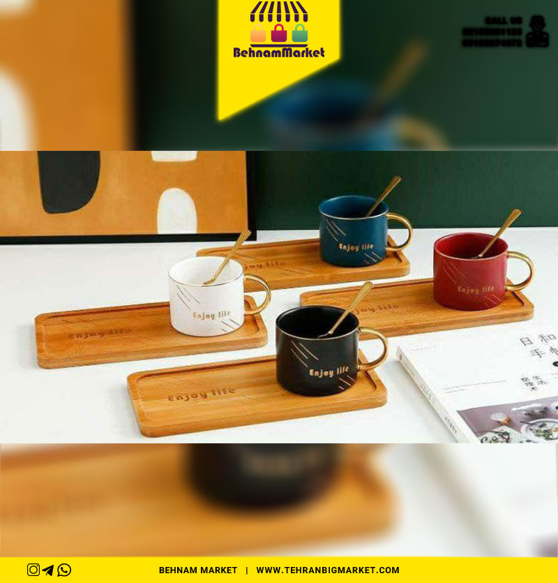 ماگ دسته طلایی بشقاب چوبی