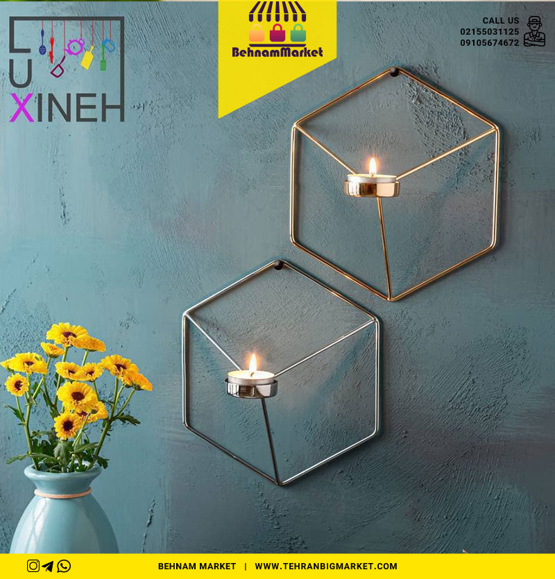 جا شمعی 6 ضلعی دیواری طلایی