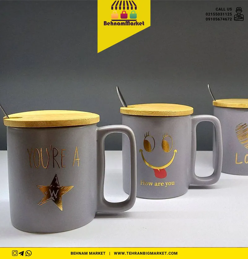 ماگ طوسی درب چوبی قاشق دار