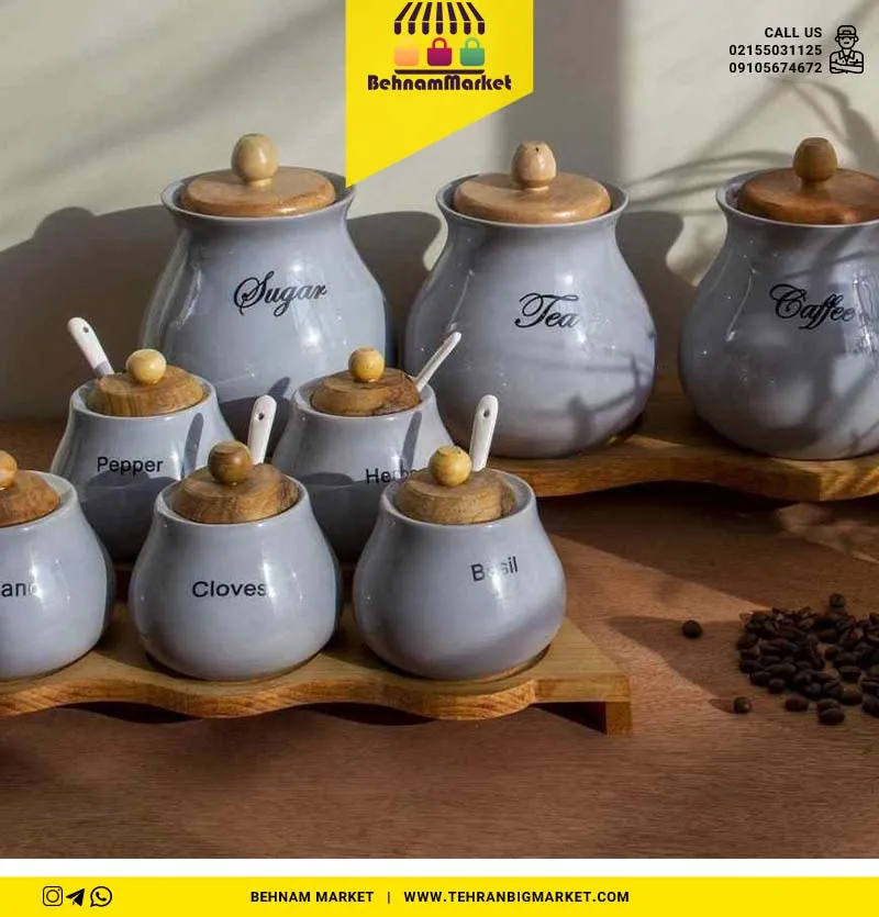 پا سماوری 8 پارچه سرامیکی درب و استند چوب