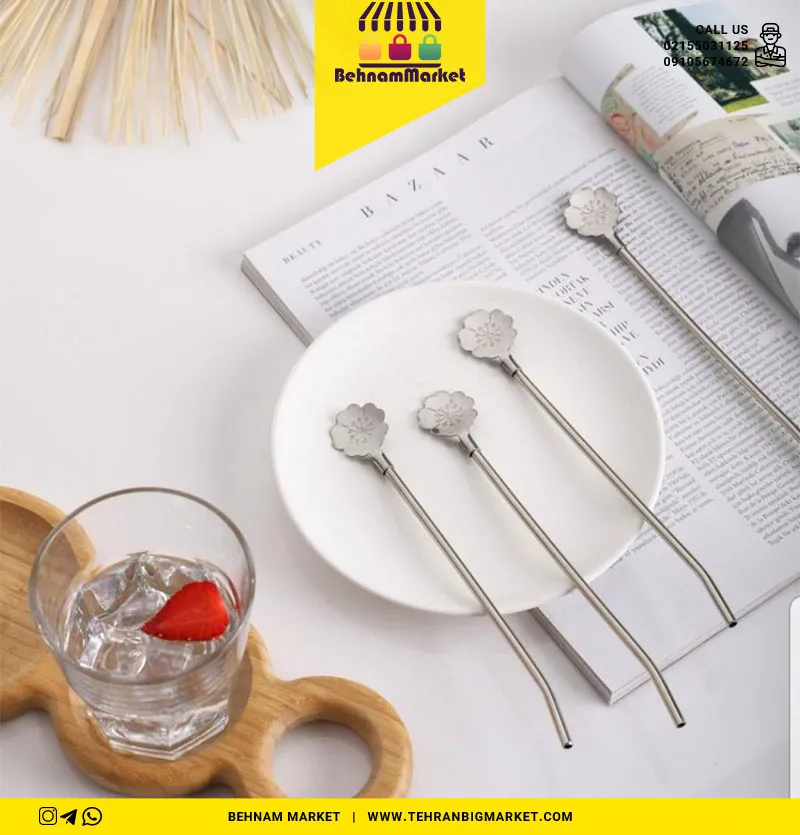 نی قاشق دار استیل طرح گل 6 عددی