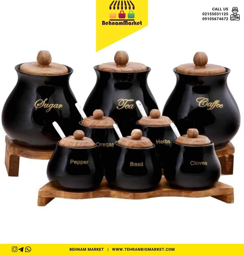 پا سماوری ۸ پارچه سرامیکی درب و استند چوب