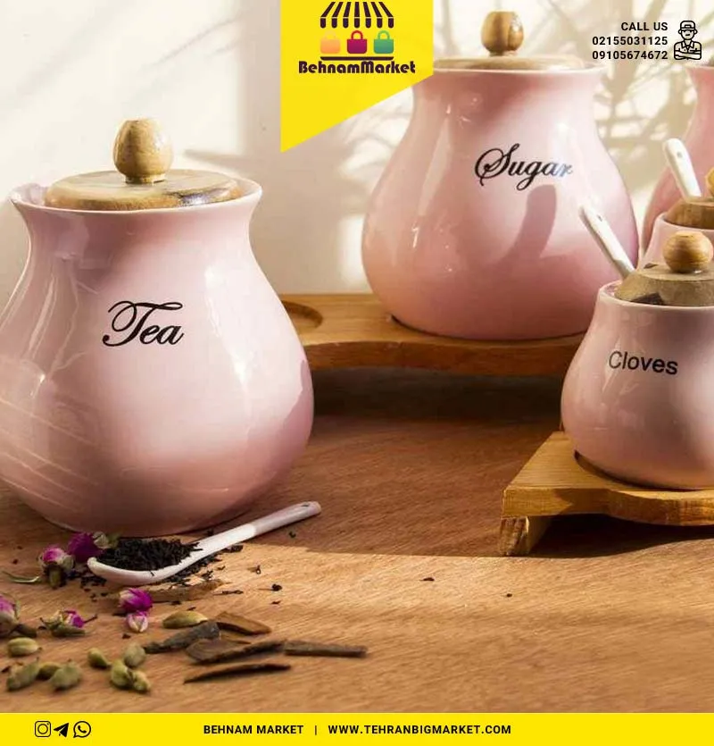 پا سماوری ۸ پارچه سرامیکی درب و استند چوب