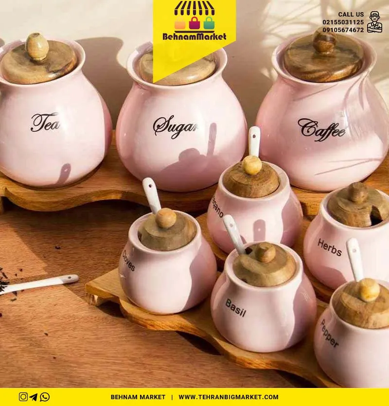 پا سماوری ۸ پارچه سرامیکی درب و استند چوب