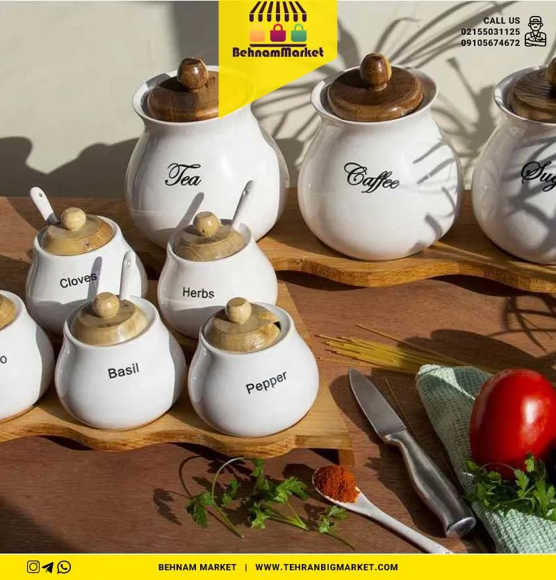 پا سماوری ۸ پارچه سرامیکی درب و استند چوب