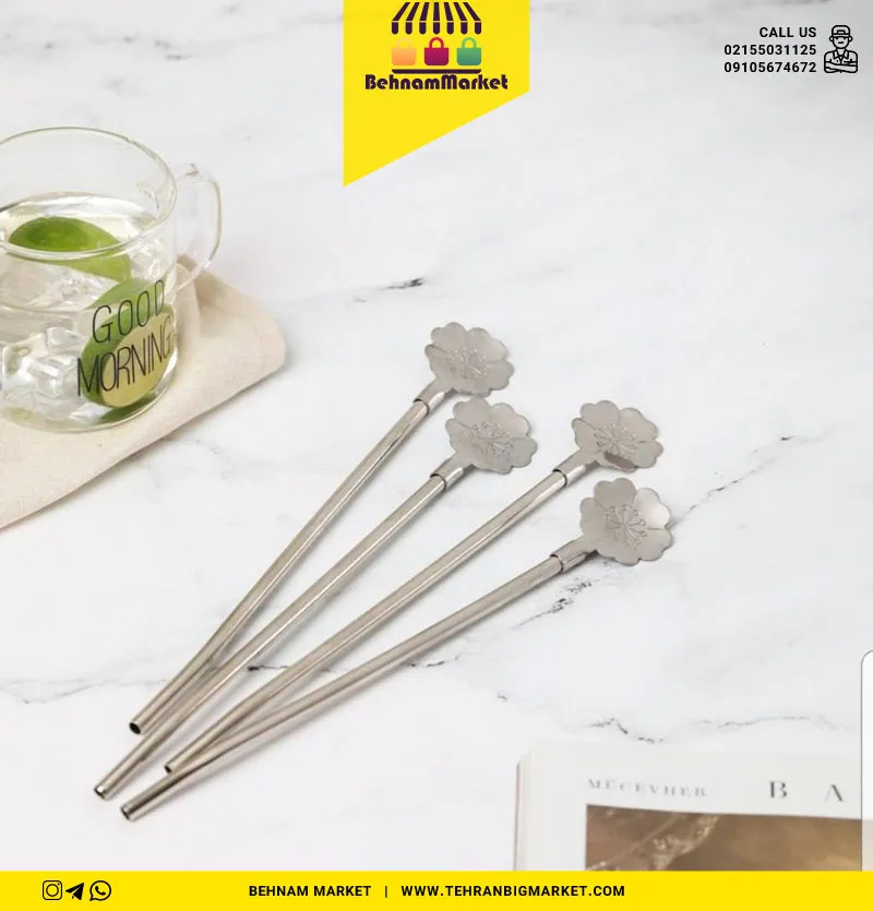 نی قاشق دار استیل طرح گل ۶ عددی
